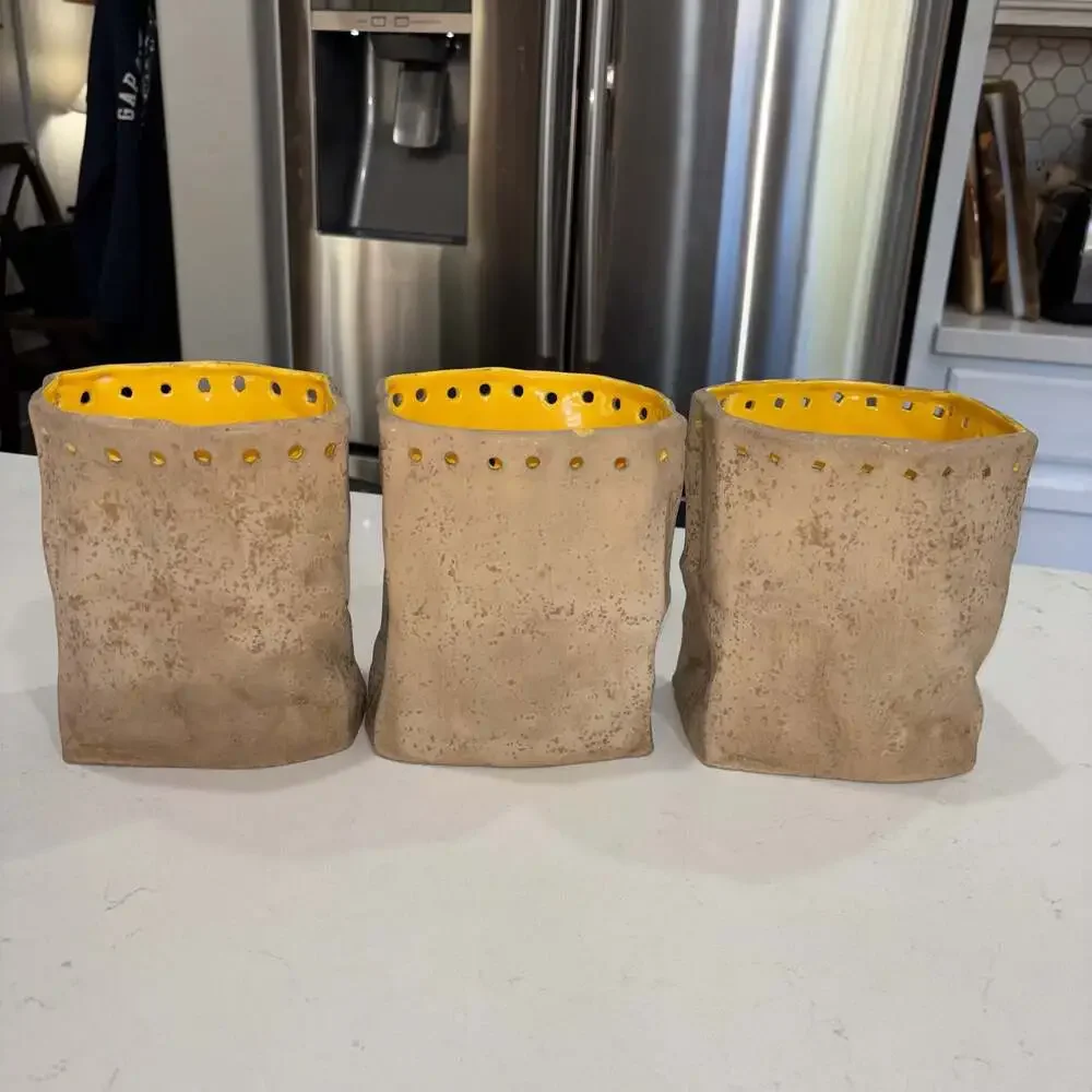 Vintage Handmade Ceramic Paper Bag Candle Votives Luminaries